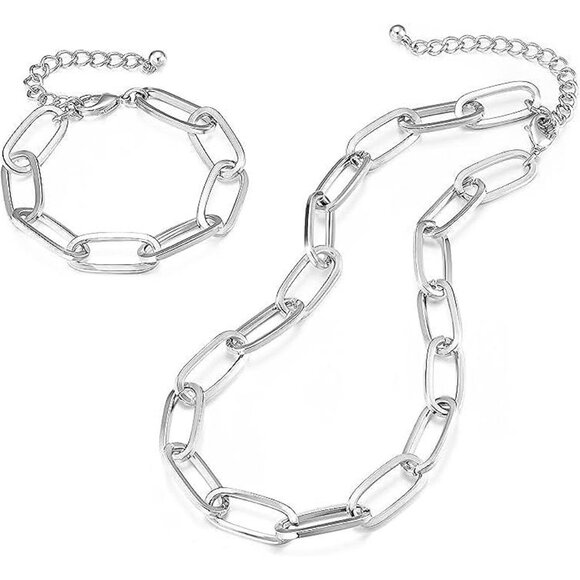 Gold Chain Necklace and Bracelet for Women Ladies Dainty and Chunky C